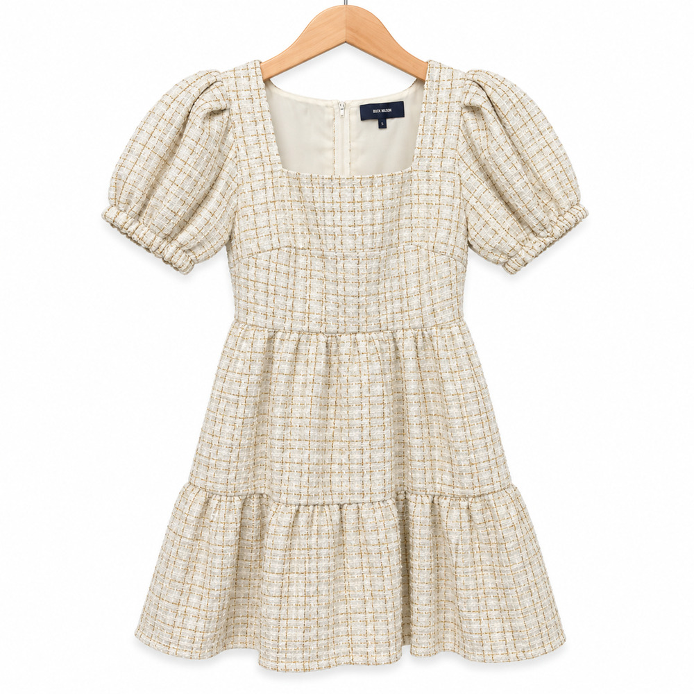 Simply Southern Tweed Tiered Dress Womens S White Puff Sleeve Square Neck NWT
